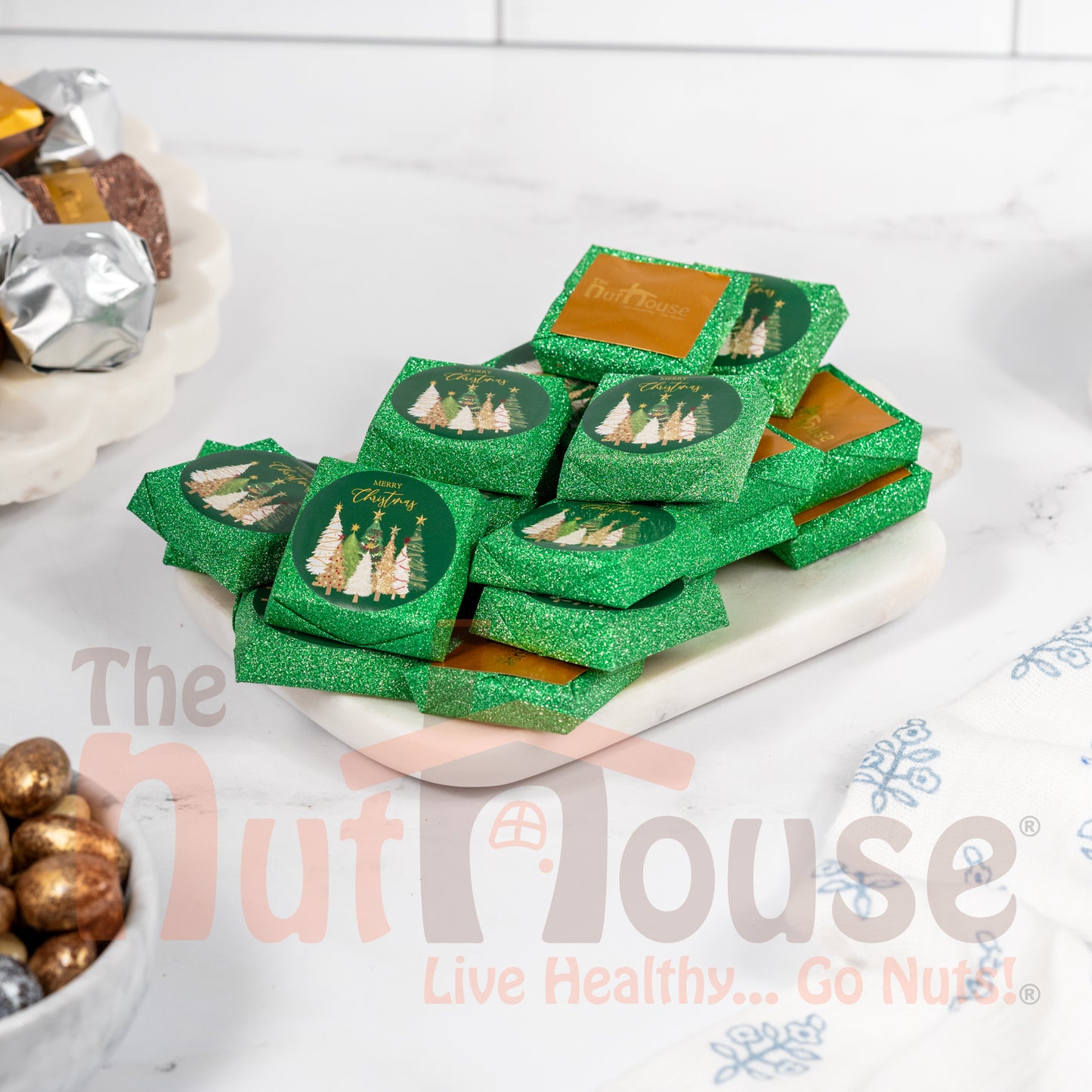 Merry Christmas Chocolate Covered Crushed Nuts with Hazelnut Cream (Green)