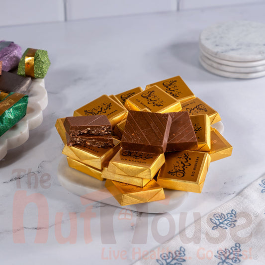 Gold Eid Mubarak chocolate covered crushed nuts with hazelnut cream