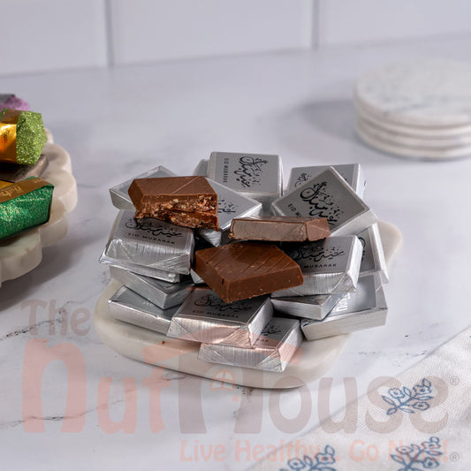 Silver Eid Mubarak chocolate covered crushed nuts with hazelnut cream